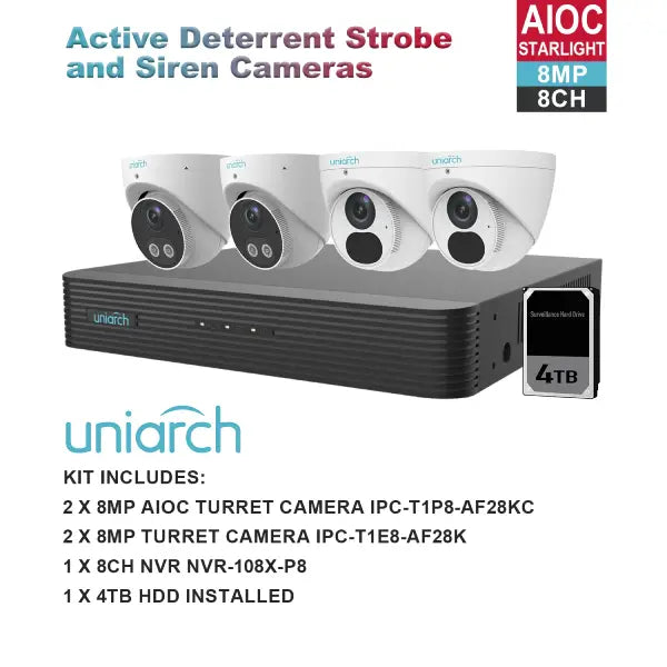 UNIARCH 8MP 8CH KIT WITH 2*AIOC & 2*TURRET CAMERAS